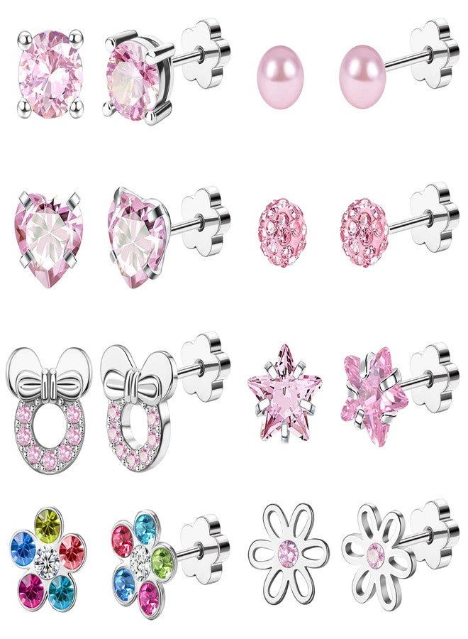 Staligue 8 Pairs Flower Back Earrings for Women Men Hypoallergenic Surgical Steel Earrings Pearl Flower Star Heart 20G Flat Back Cartilage Earrings Set (Pinky) - Image 1